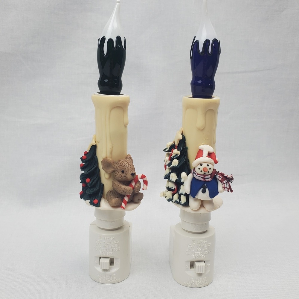 2 Vintage Christmas Candle Nightlights Snowman Purple Light, Mouse Green Light